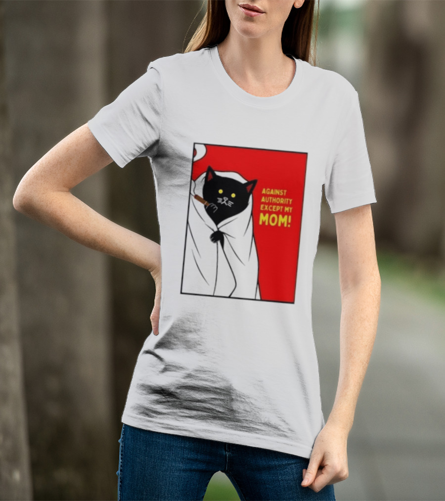 Black Cat Against Authority Except My Mom Smoking Cloaked Yellow Eyes Red T-Shirt