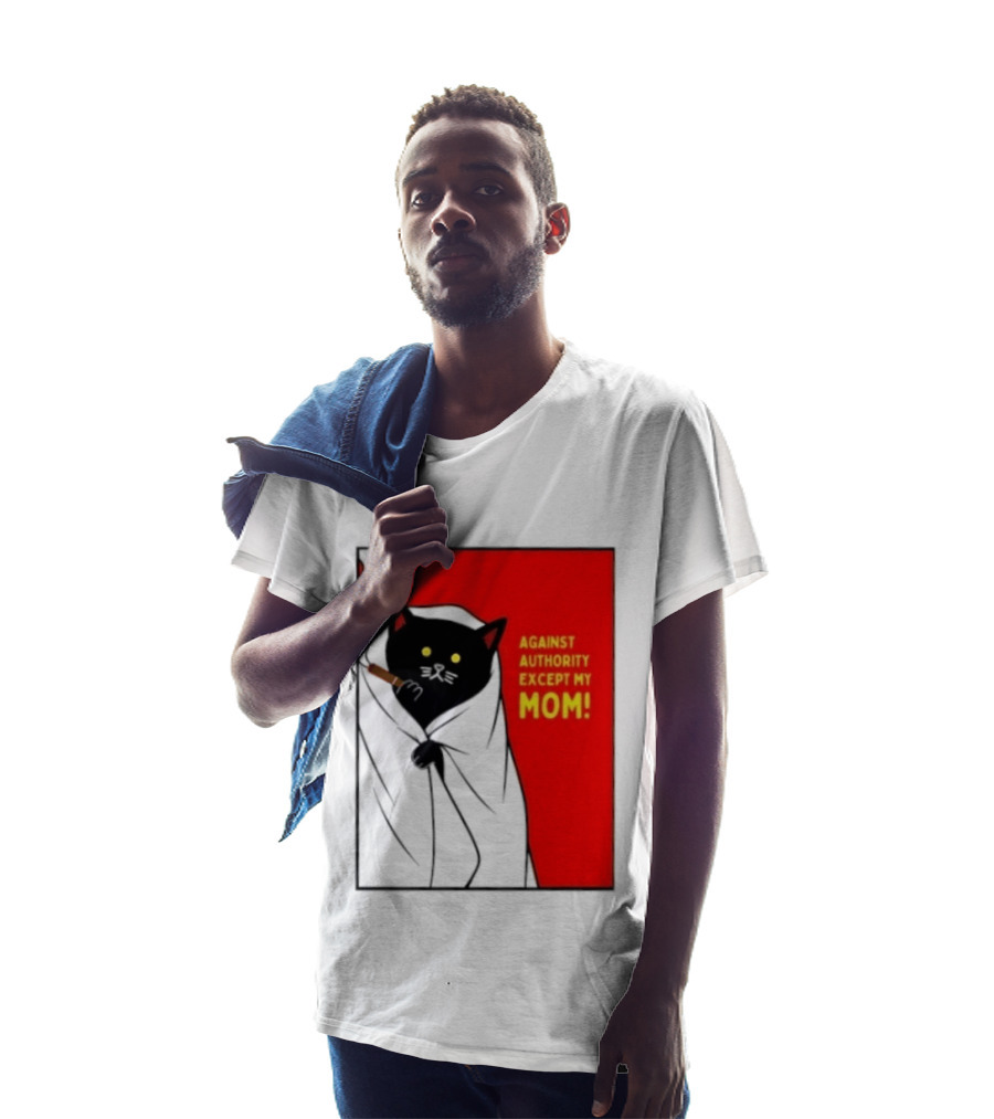 Black Cat Against Authority Except My Mom Smoking Cloaked Yellow Eyes Red T-Shirt