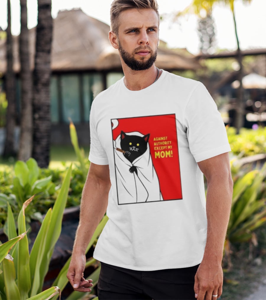 Black Cat Against Authority Except My Mom Smoking Cloaked Yellow Eyes Red T-Shirt