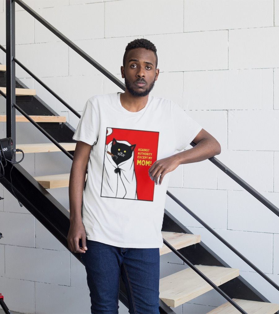 Black Cat Against Authority Except My Mom Smoking Cloaked Yellow Eyes Red T-Shirt