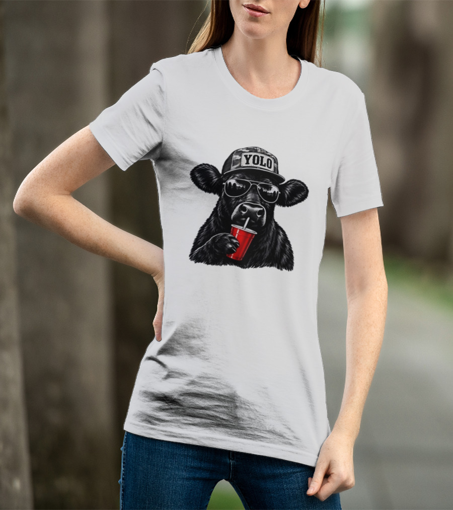 Cow With Yolo Camo Hat Sunglasses Red Cup T-Shirt