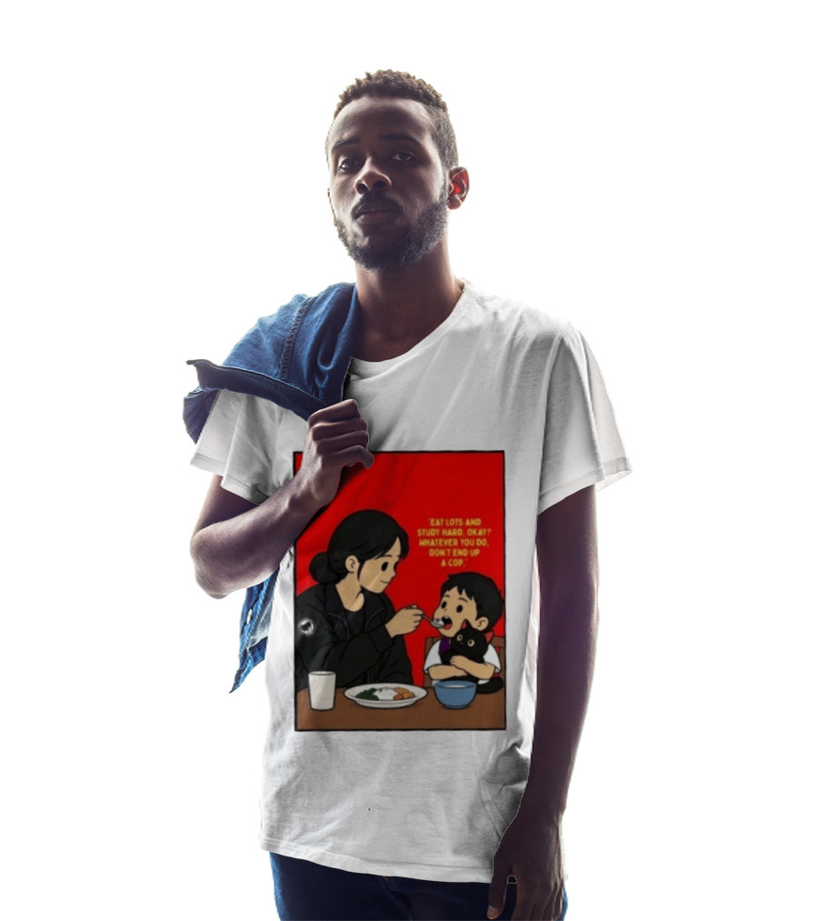 Eat Lots Study Hard Don't End Up A Cop Mother Feeding Child With Black Cat And Red T-Shirt
