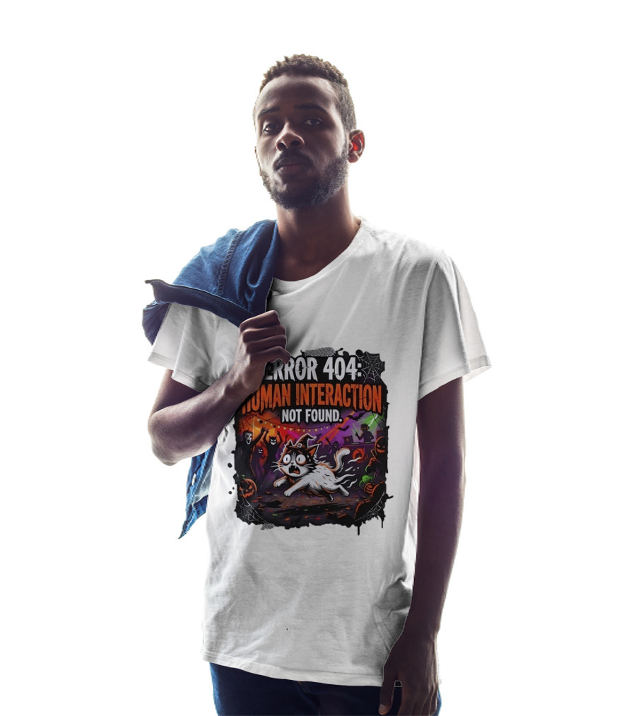Error 404 Human Interaction Not Found Halloween Cat Spooky Party Scene T-Shirt