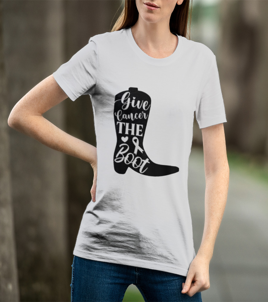 Give Cancer The Boot Awareness Ribbon Western Cowboy Boot T-Shirt