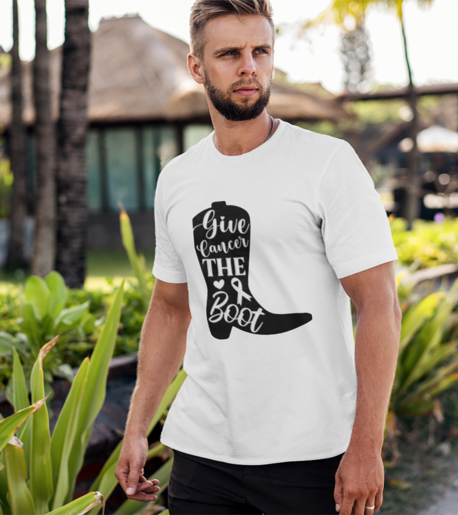 Give Cancer The Boot Awareness Ribbon Western Cowboy Boot T-Shirt
