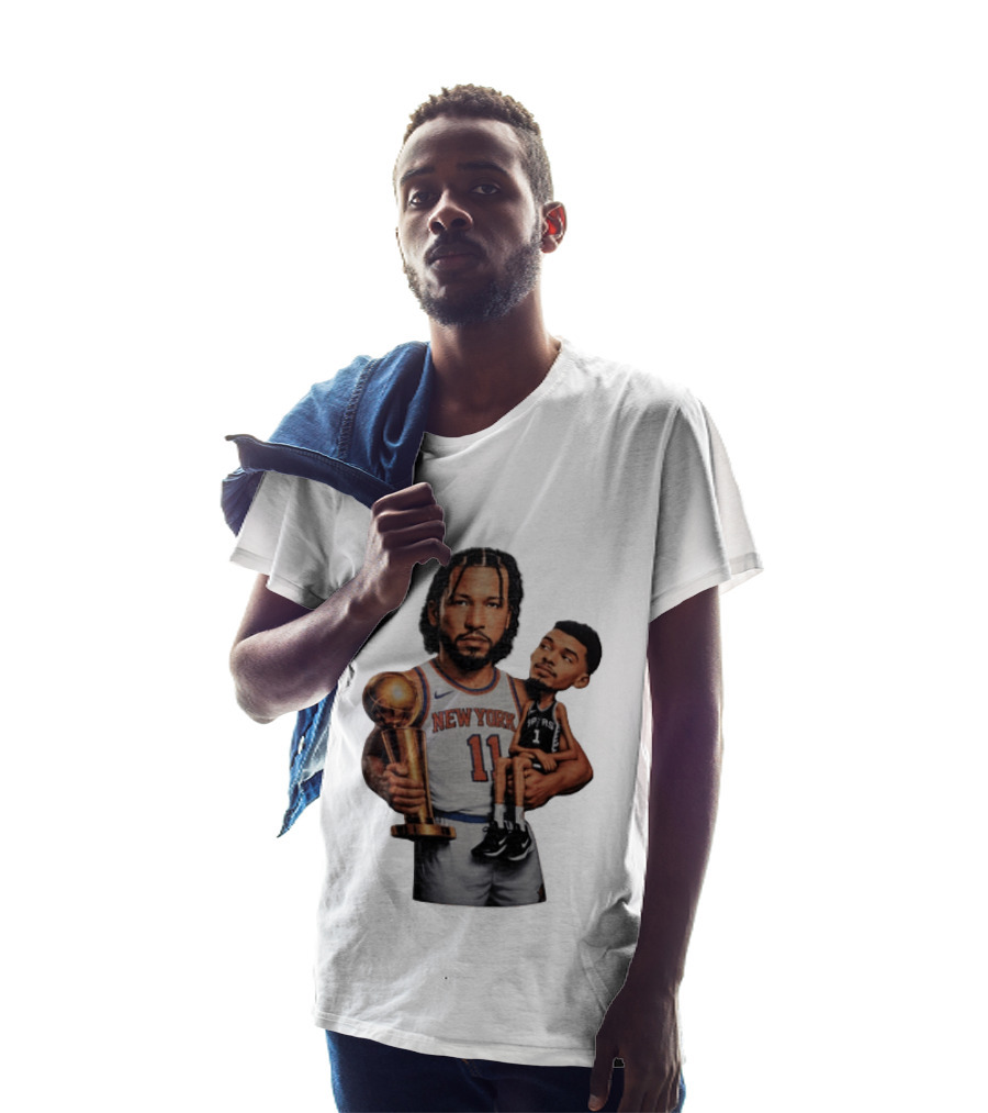 New York Knicks Jalen Brunson Embraces San Antonio Spurs Victor Wembanyama NBA Trophy T-Shirt