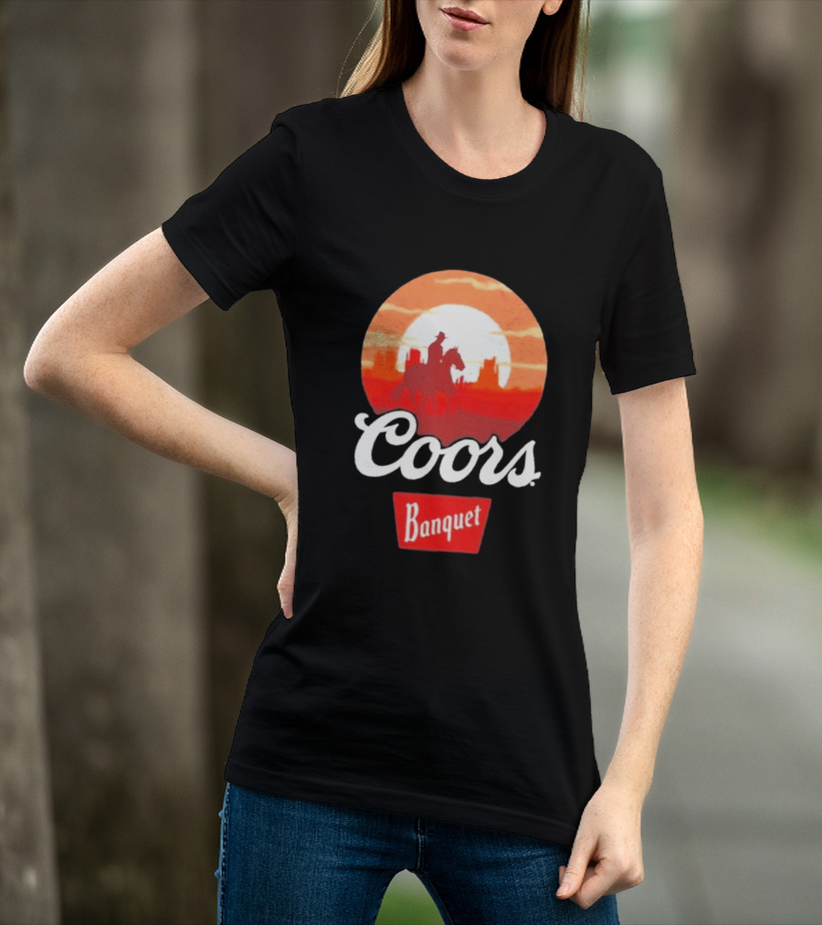 Coors Banquet Cowboy Horseback Riding At Sunset Western Scene T-Shirt