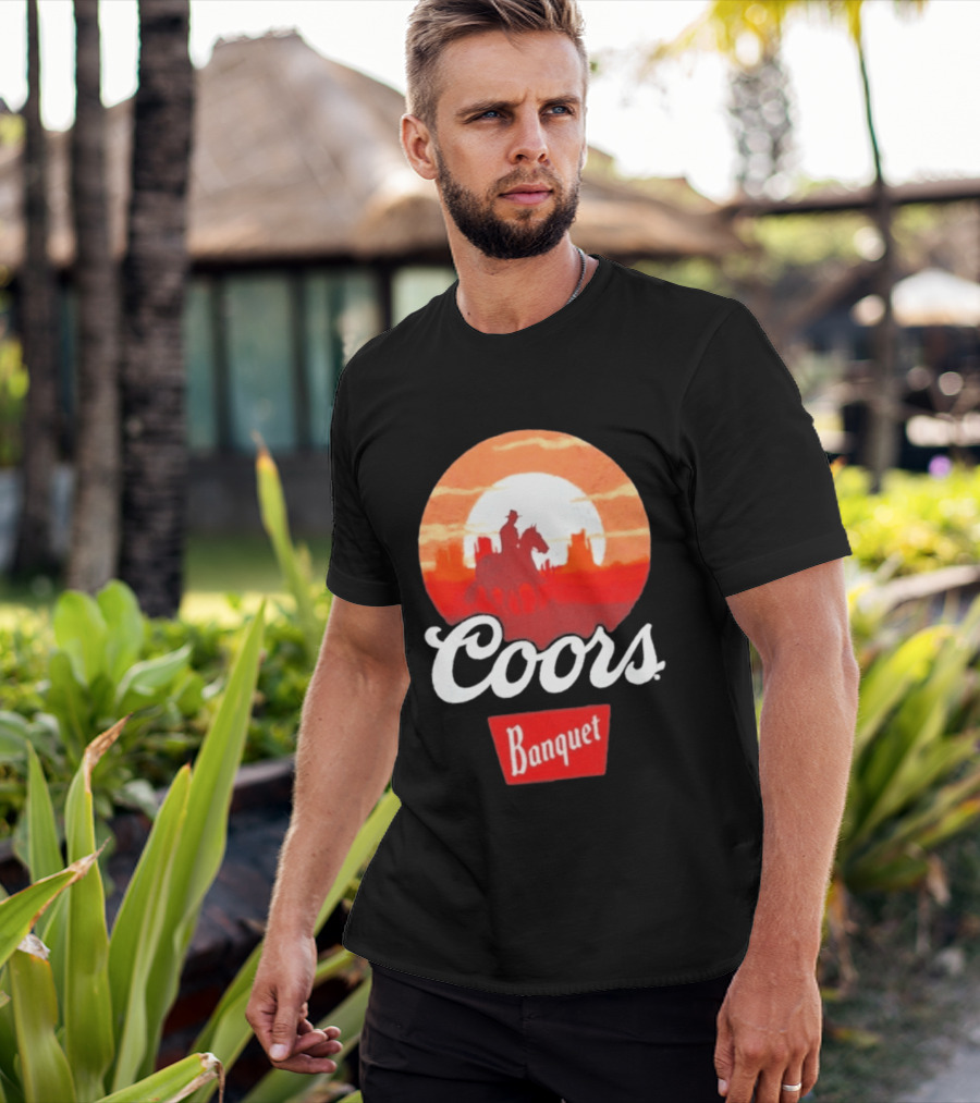Coors Banquet Cowboy Horseback Riding At Sunset Western Scene T-Shirt