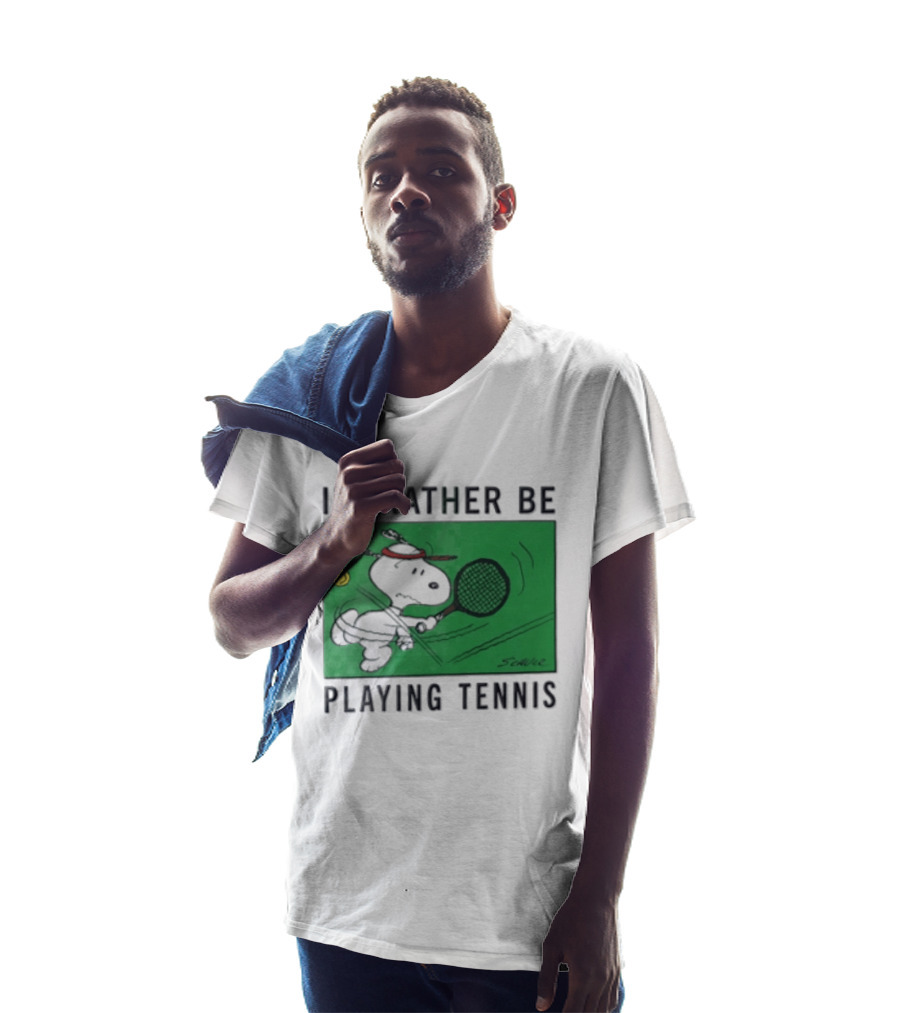 I'd Rather Be Playing Tennis Peanuts Snoopy Racquet Cartoon Green Court Schulz T-Shirt