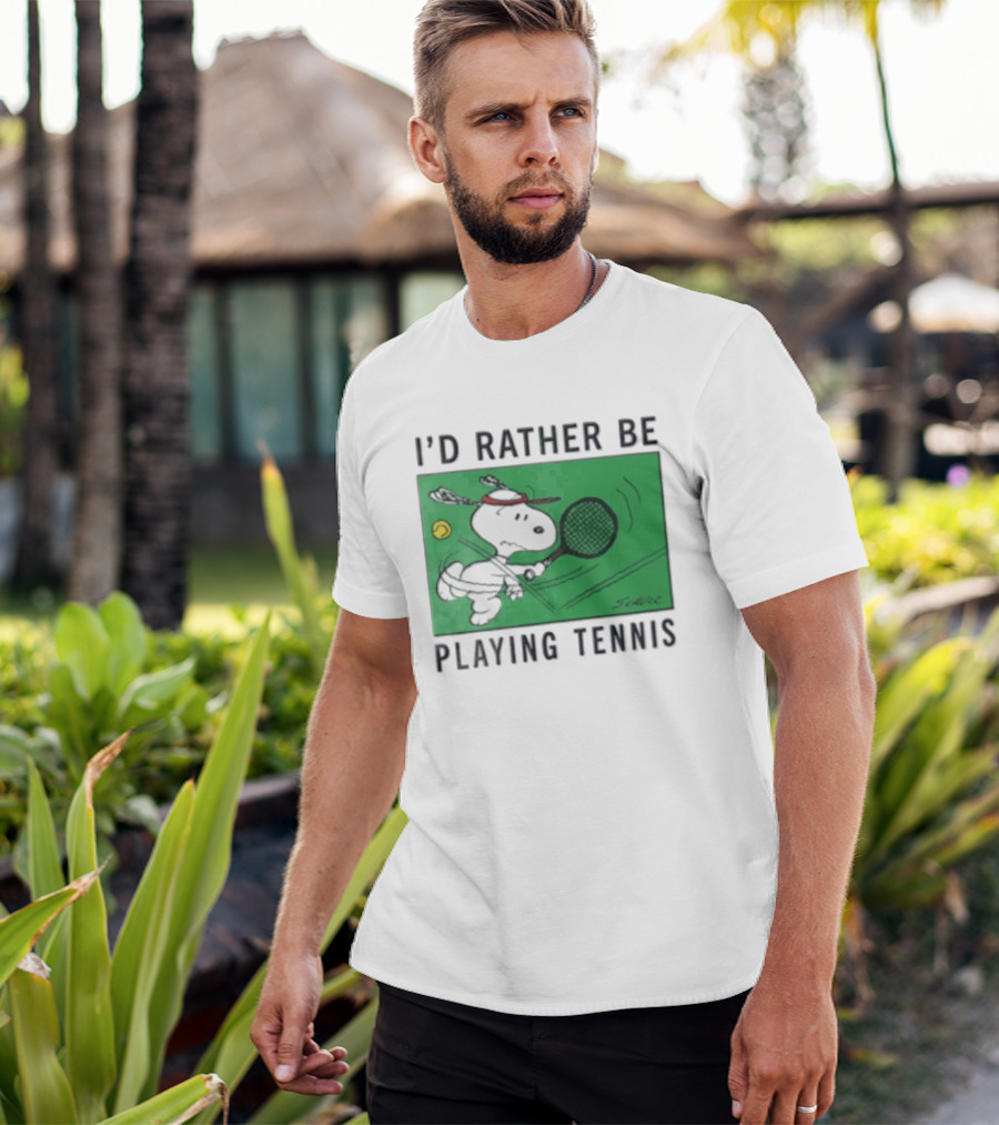 I'd Rather Be Playing Tennis Peanuts Snoopy Racquet Cartoon Green Court Schulz T-Shirt