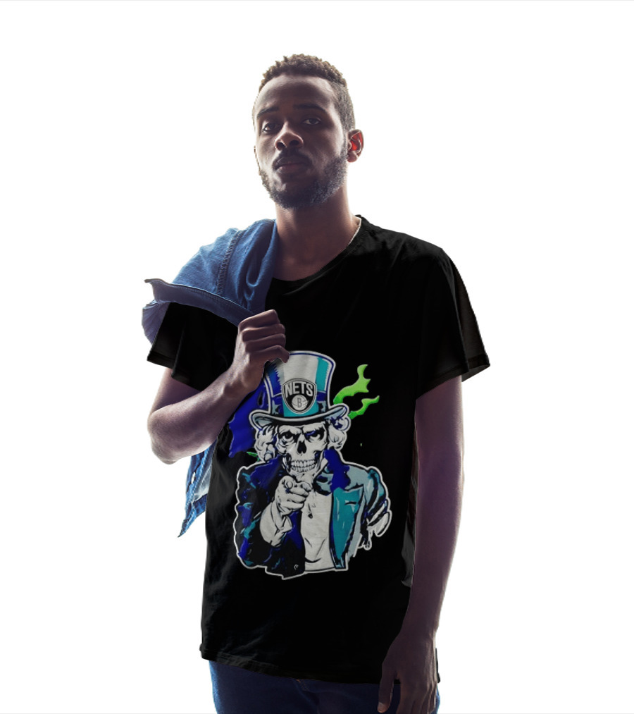 Brooklyn Nets Skeleton Uncle Sam Top Hat Pointing Stripes T-Shirt