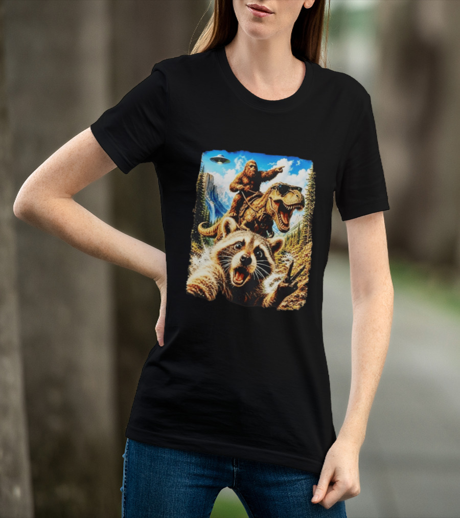 Raccoon Selfie Bigfoot Rex Adventure With UFO And Mountains T-Shirt