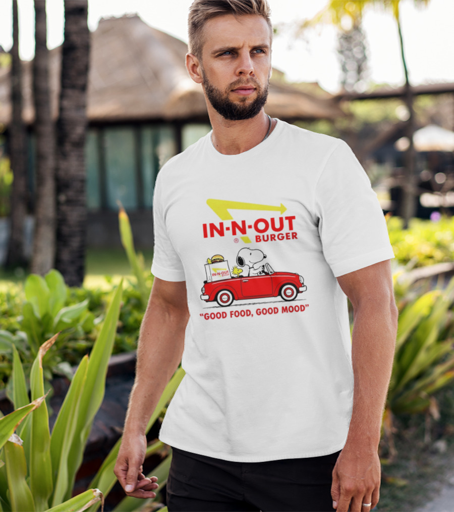 In N Out Burger Snoopy Woodstock Driving Red Convertible Good Food Good Mood T-Shirt