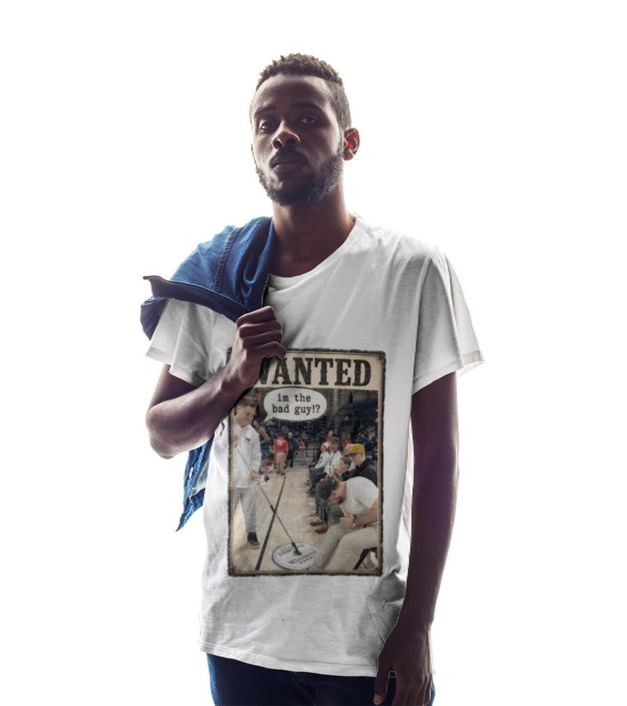 Wanted Im The Bad Guy Wintrust Arena Man Sweeping Floor Devil Horns T-Shirt