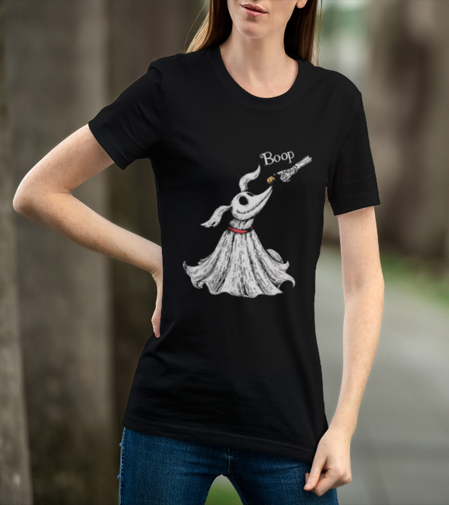 Boop Skeletal Hand Touching Pumpkin Nose With Ghostly Dog Line Sketch T-Shirt