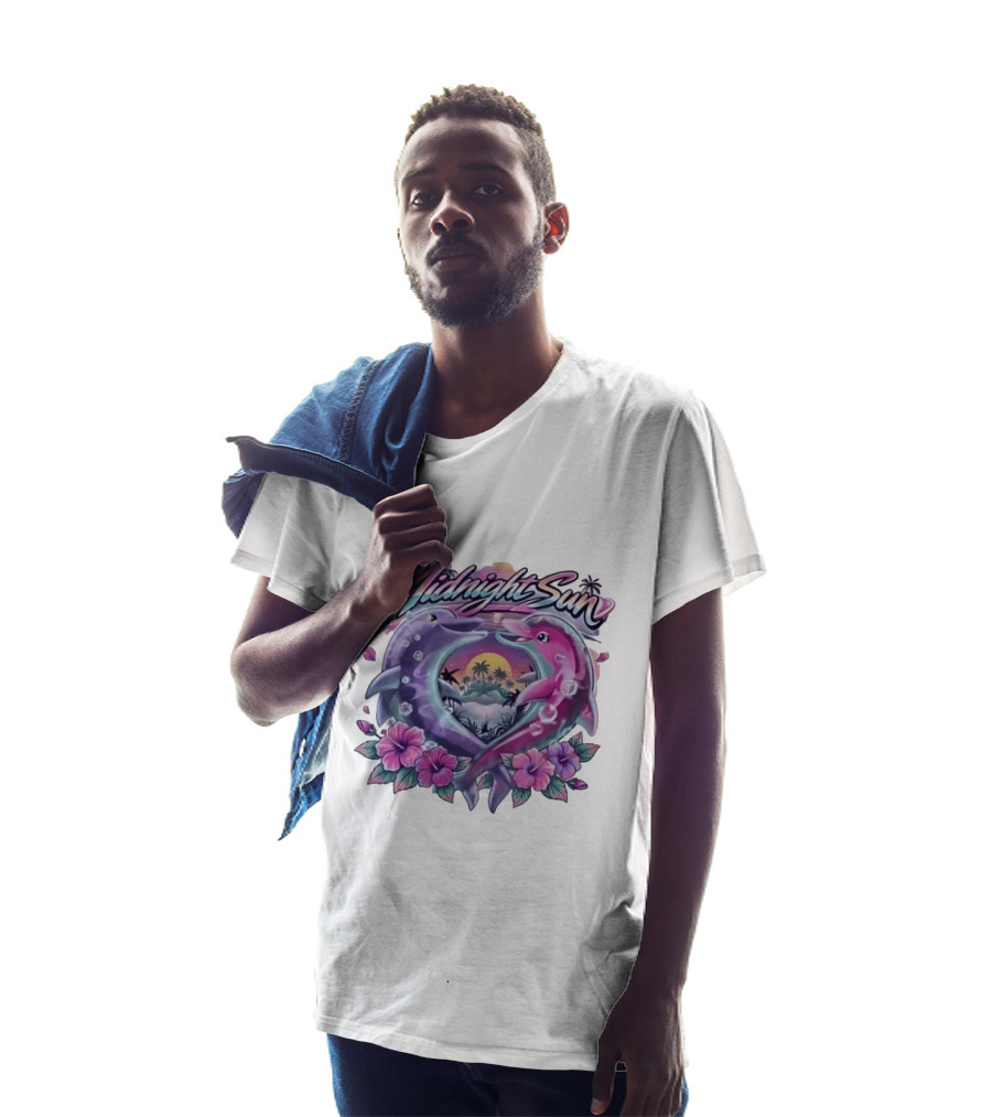 Midnight Sun Heart Dolphins Tropical Sunset T-Shirt