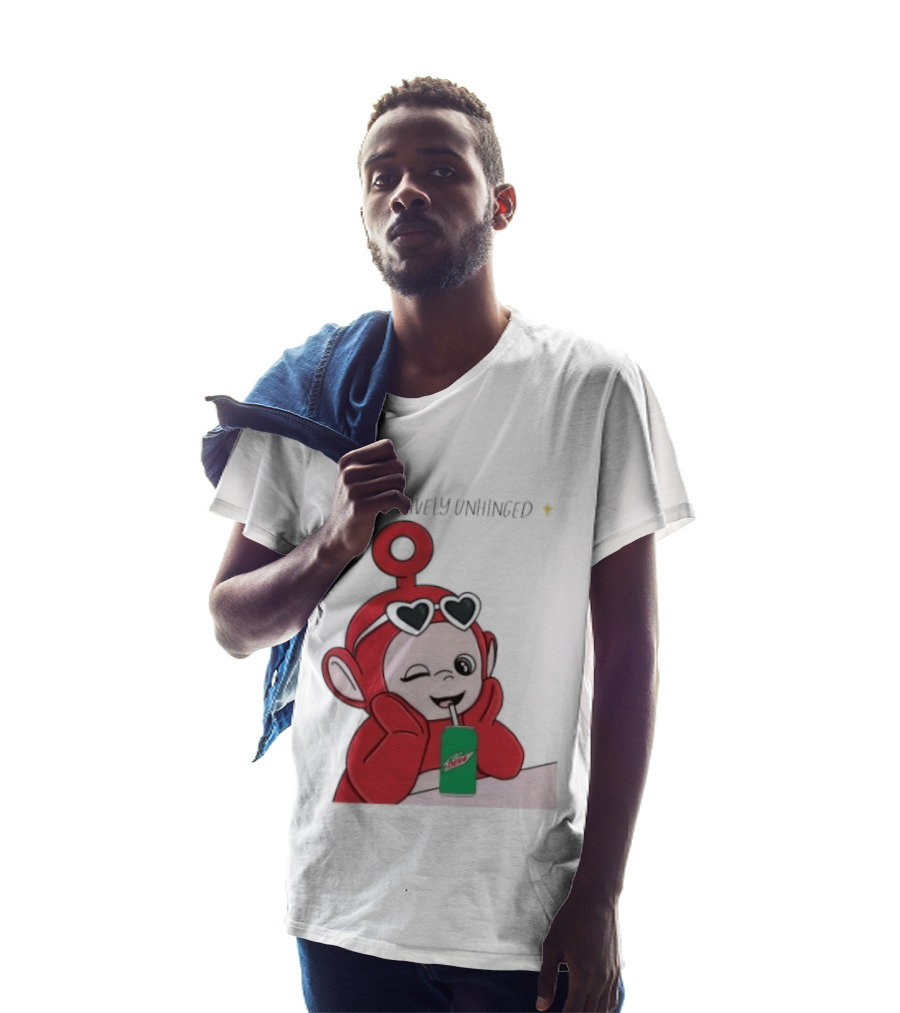 Po Sitively Unhinged Funny Red Teletubby Heart Sunglasses Drinking Mtn Dew T-Shirt
