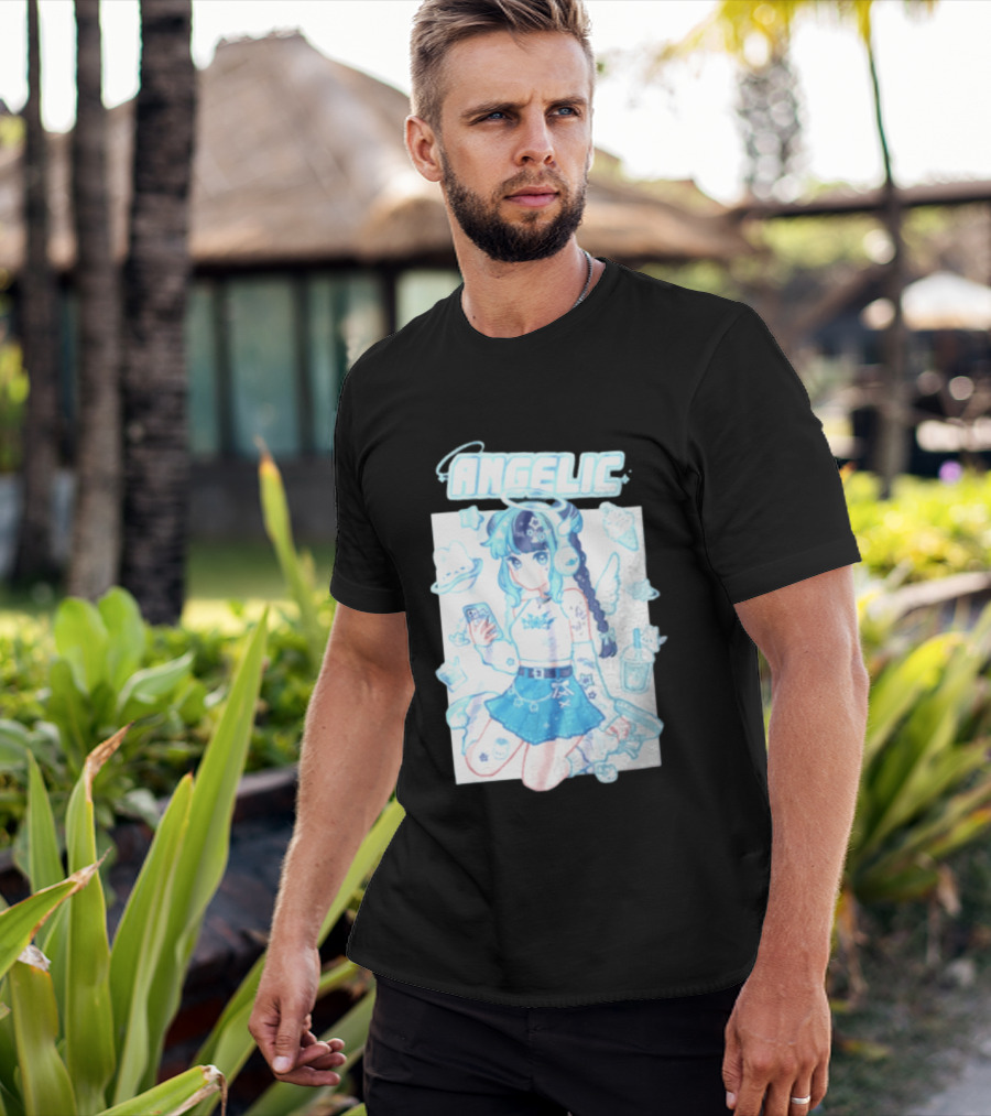 Angelic Anime Girl Halo Wings Headphones Cute Aesthetic Kawaii T-Shirt