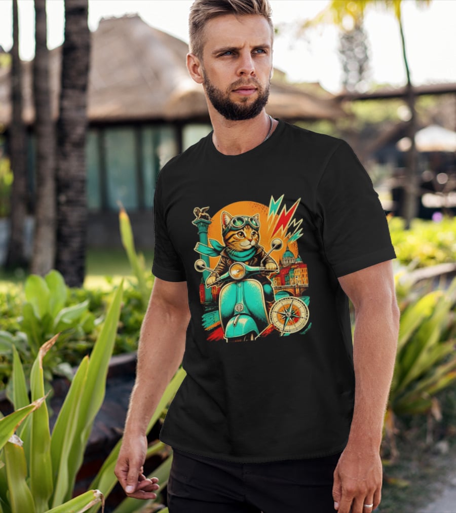 Cat On Scooter Adventure In Venice With Vibrant Cityscape And Compass T-Shirt
