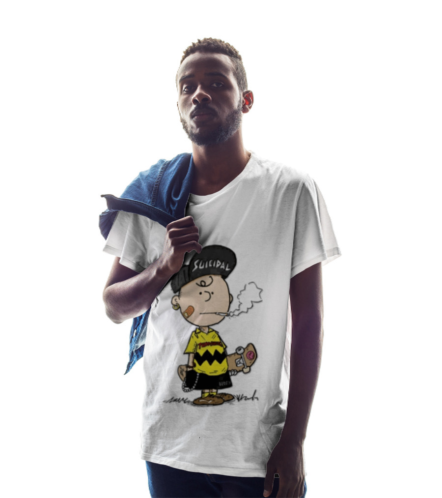 Charlie Brown Cartoon Boy Smoking Skateboard Punk Scumbag Thrasher T-Shirt
