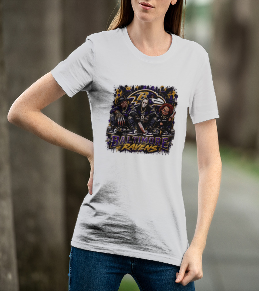 Freddy Krueger Jason Voorhees Chucky Baltimore Ravens Halloween Horror T-Shirt