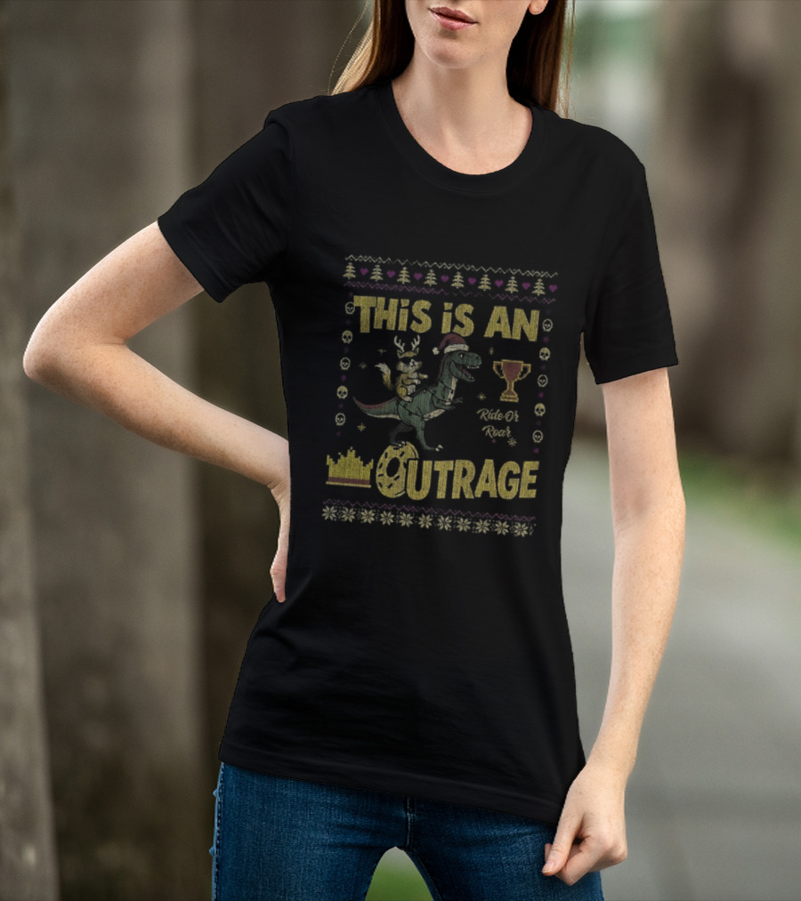 Dungeon Crawler Carl This Is An Outrage Christmas Ugly Achievement Crown Trophy Dinosaur Santa Hat T-Shirt