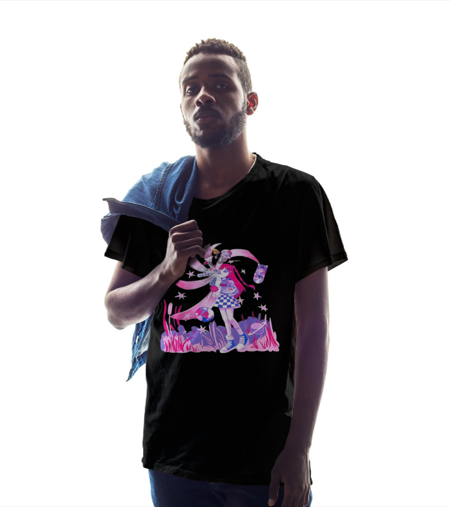 Anime Girl Space Ramen Checkered Skirt Pink Cosmic Stars T-Shirt