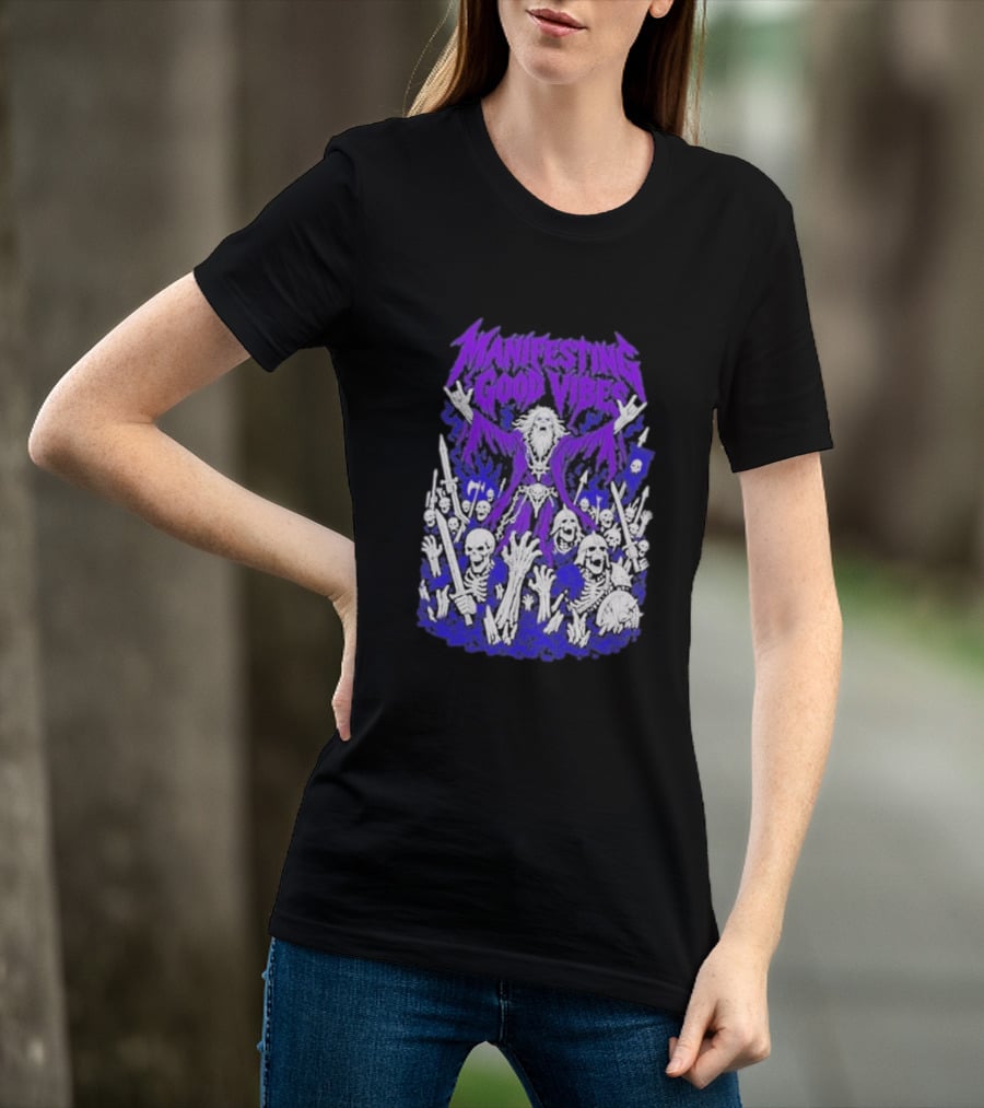 Manifesting Good Vibes Necromancer Skeleton Wizard T-Shirt