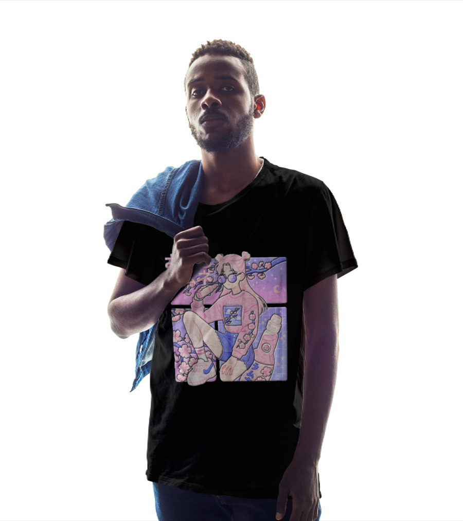 Anime Girl Drinking Pink Soda Sakura Blossoms Pastel Aesthetic T-Shirt