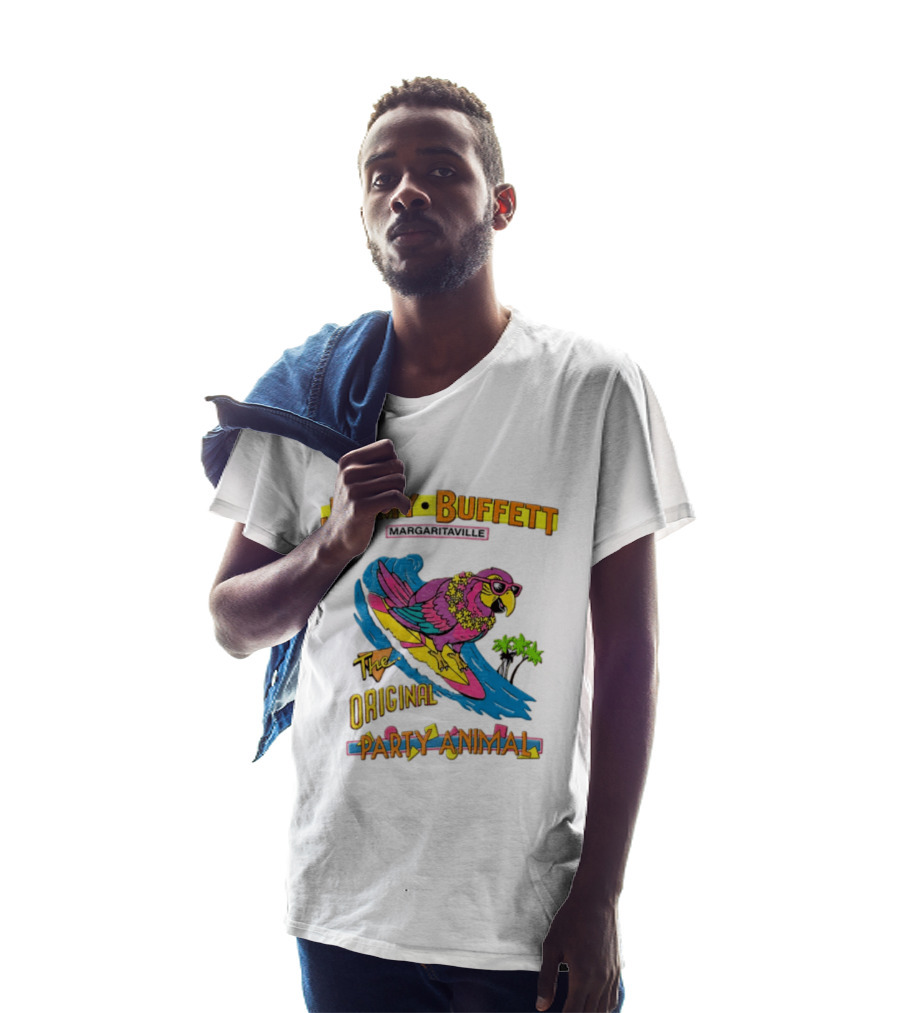 Jimmy Buffett Margaritaville Original Party Animal Parrot Surfing Wave T-Shirt