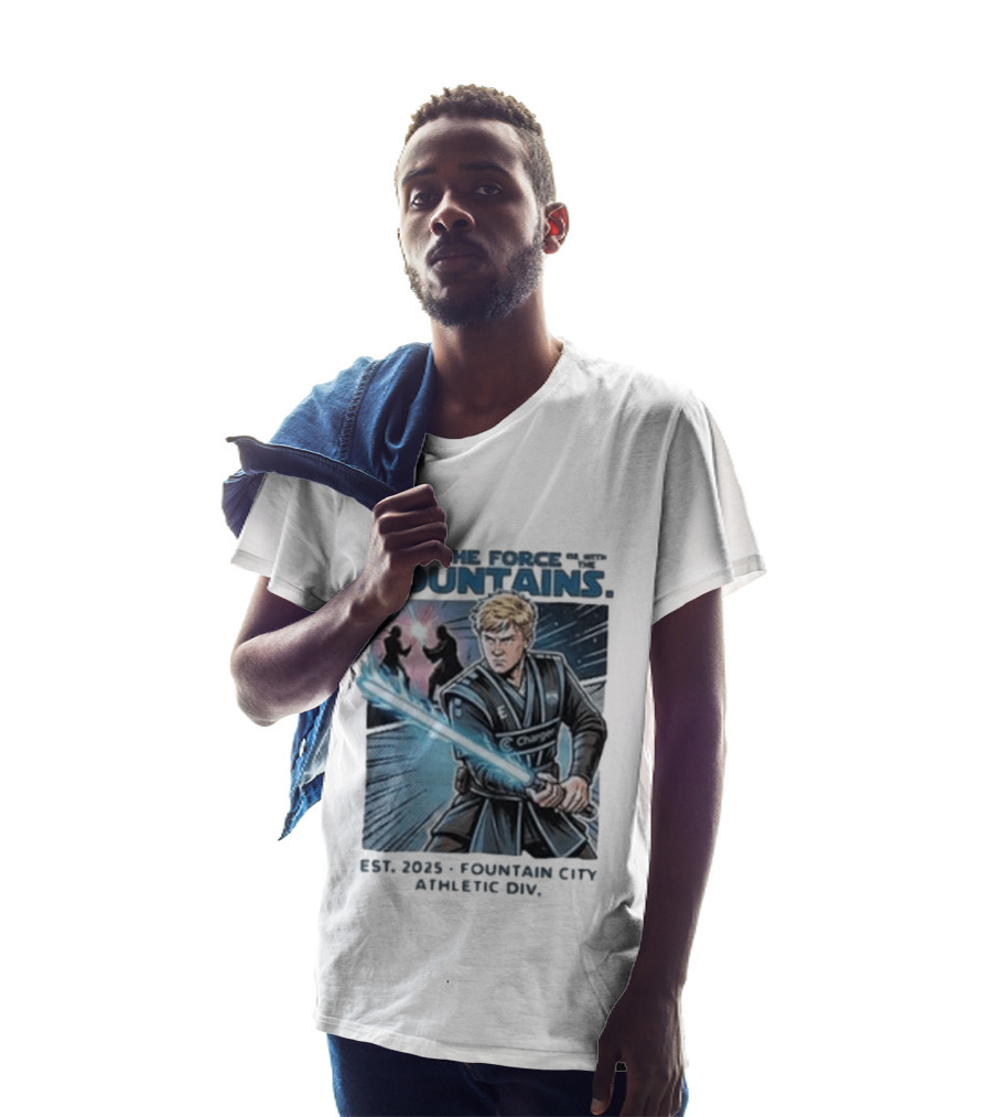 May The Force Be With The Fountains Fountain City Athletic Div Est 2025 Jedi Lightsaber Battle Scene T-Shirt