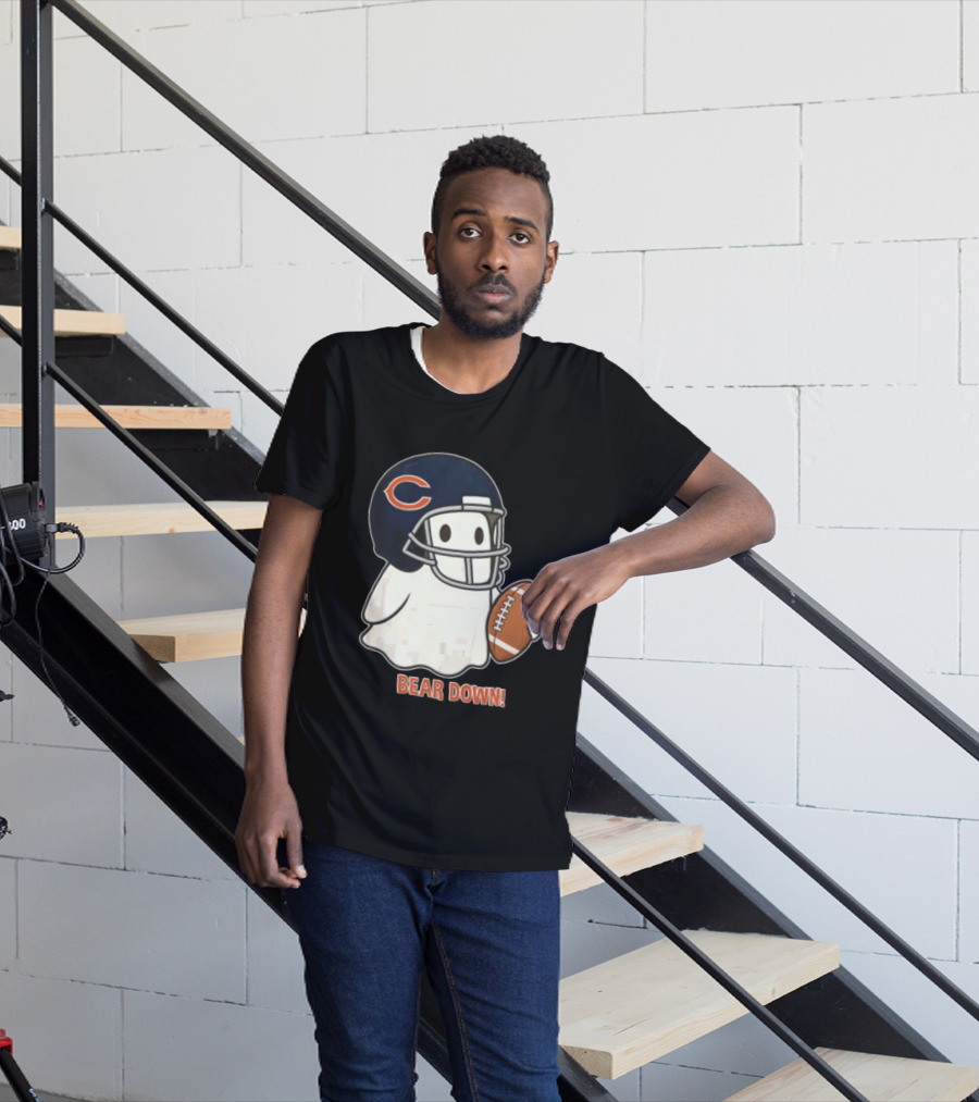 Chicago Bears Bear Down Ghost Football Helmet Holding Ball T-Shirt