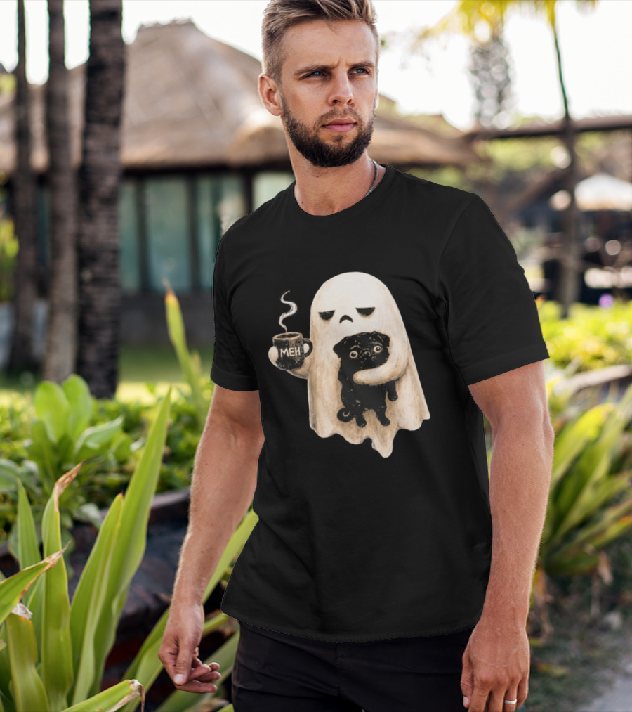 Halloween Meh Ghost Holding Black Pug Dog Lover T-Shirt