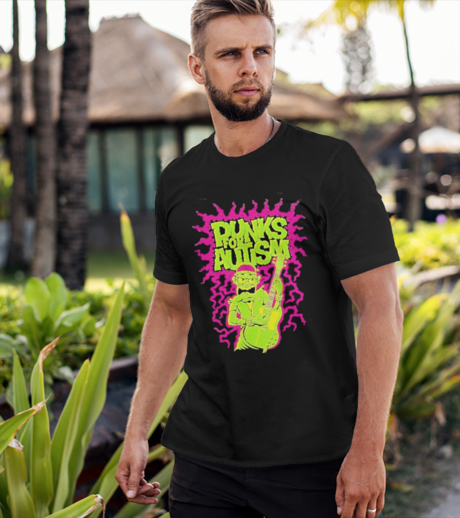 Punks For Autism Frankenstein Guitar Player Neon Rock T-Shirt