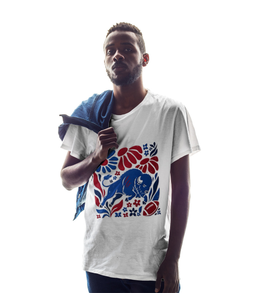 Buffalo Bills Charging Buffalo Red Blue Flowers Football T-Shirt