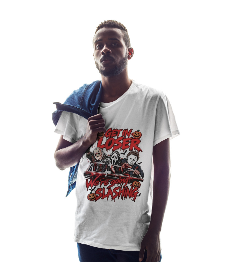Get In Loser We're Going Slashing With Jason Voorhees Ghostface Michael Myers Halloween Pumpkins T-Shirt