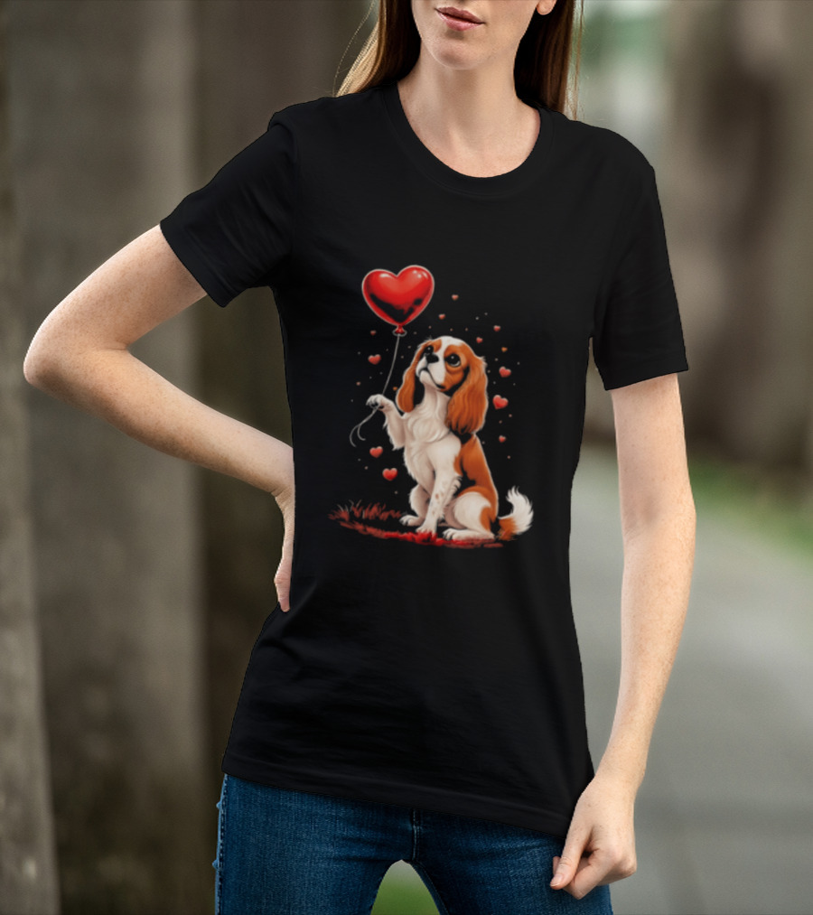Cavalier King Charles Spaniel With Heart Balloon Surrounded By Floating Hearts T-Shirt