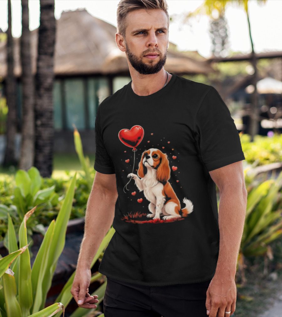 Cavalier King Charles Spaniel With Heart Balloon Surrounded By Floating Hearts T-Shirt