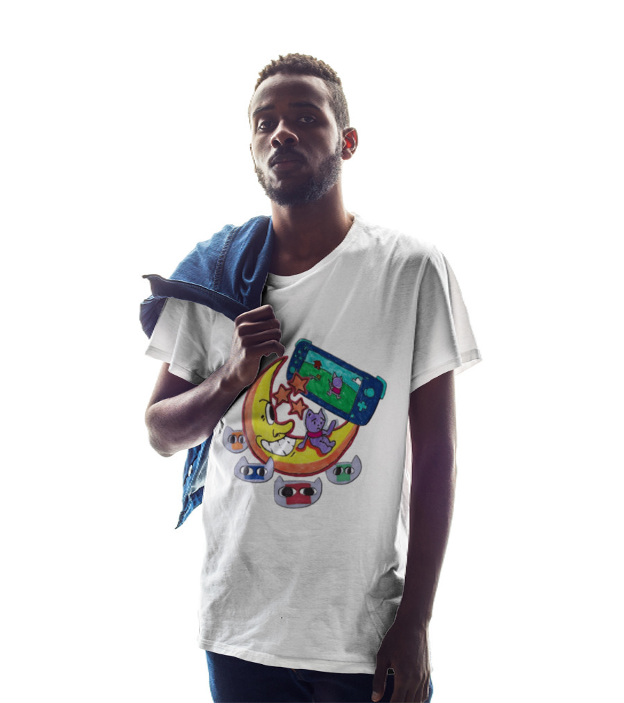 Purple Bear Gaming On Moon With Sunflowers And Dogs Whimsical Two Sided T-Shirt