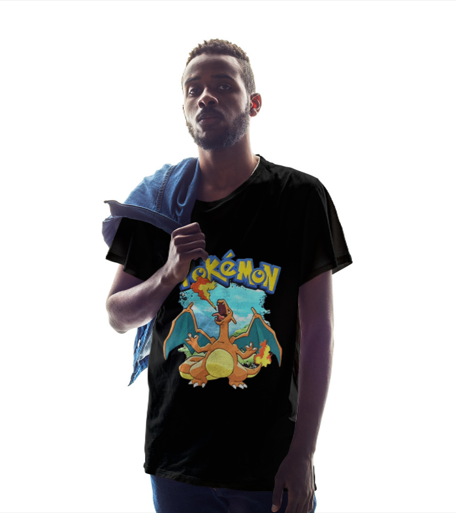 Pokemon Charizard Breathing Fire In Green Landscape T-Shirt