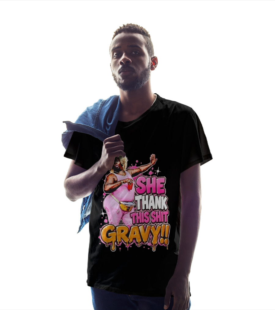 Yung Gravy She Thank This Shit Gravy Rapper Pink Outfit Drink Pose T-Shirt