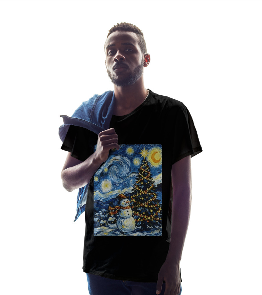 Starry Snowman Christmas Night With Tree And Sky T-Shirt