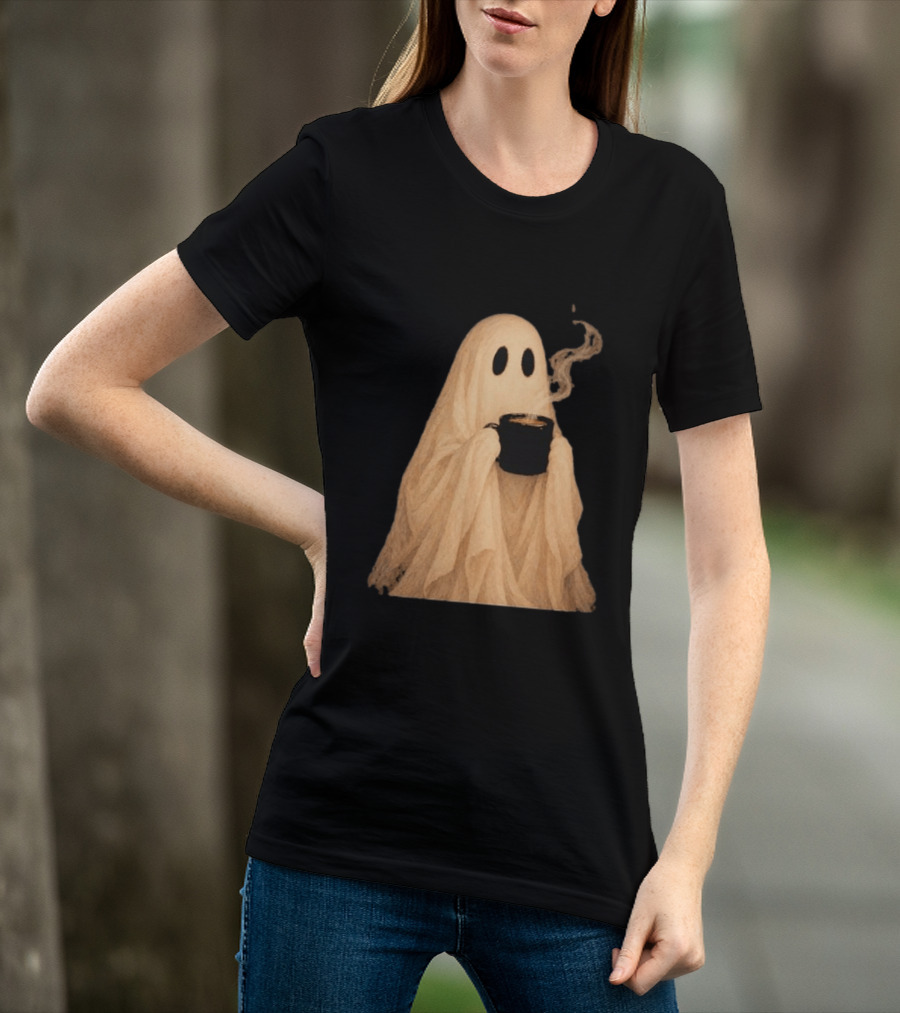 Ghost Spooky Coffee Bar Halloween Cozy Ghost Holding Coffee Steam T-Shirt