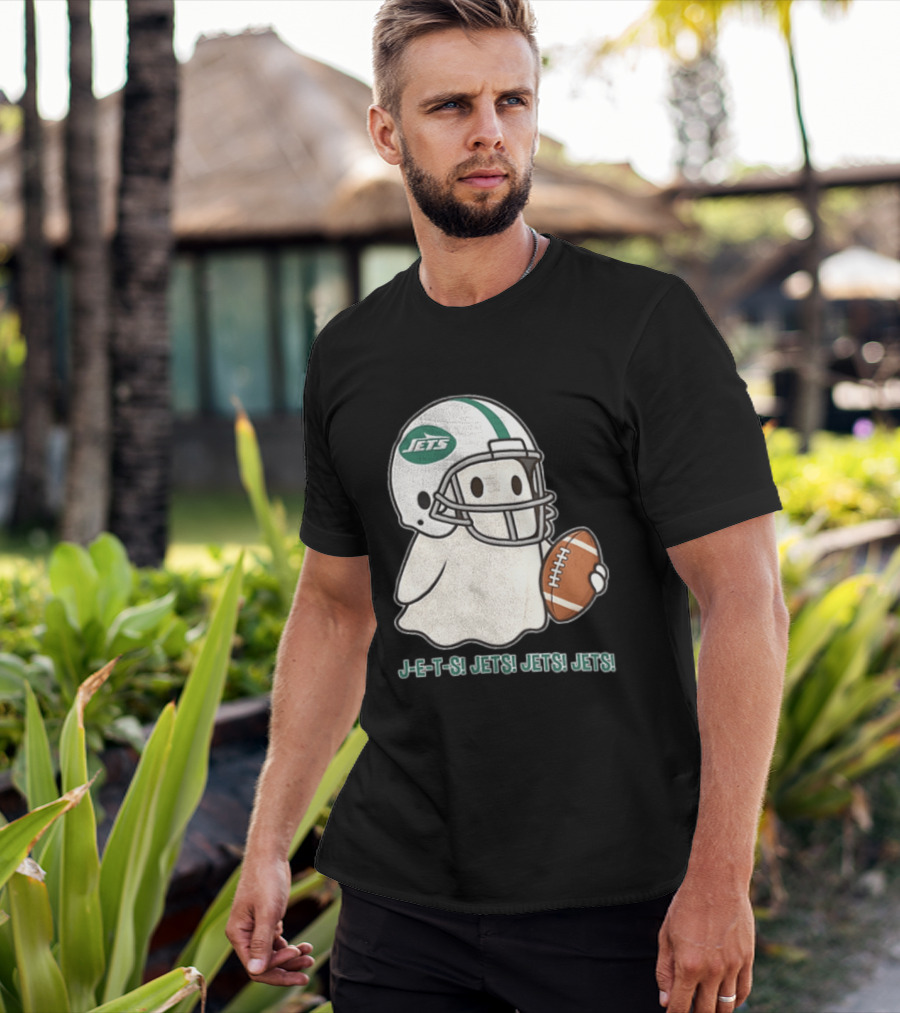 J E S Jets Jets Jets New York Jets Football Helmet Ghost Holding Football T-Shirt