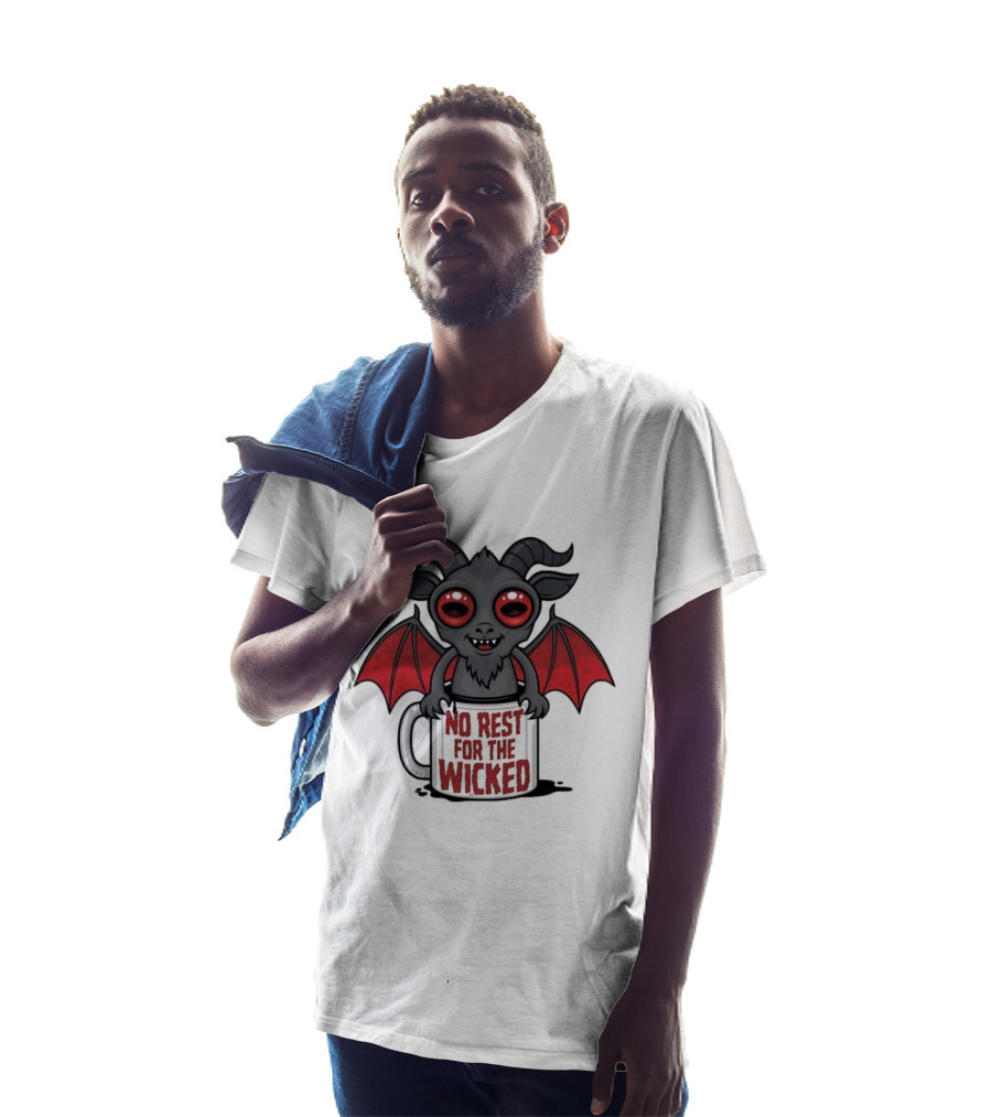 No Rest For The Wicked Little Demon Coffee Red Eyed Bat Wings T-Shirt