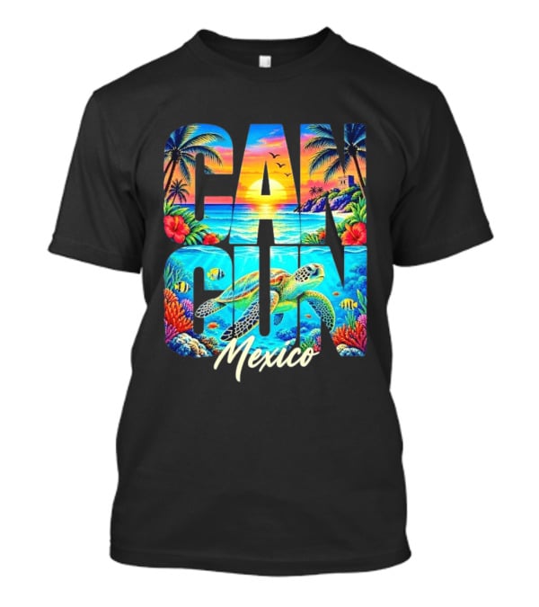 Cancun Mexico Tropical Sea Turtle Sunset Palm Trees Ocean Scene T-Shirt