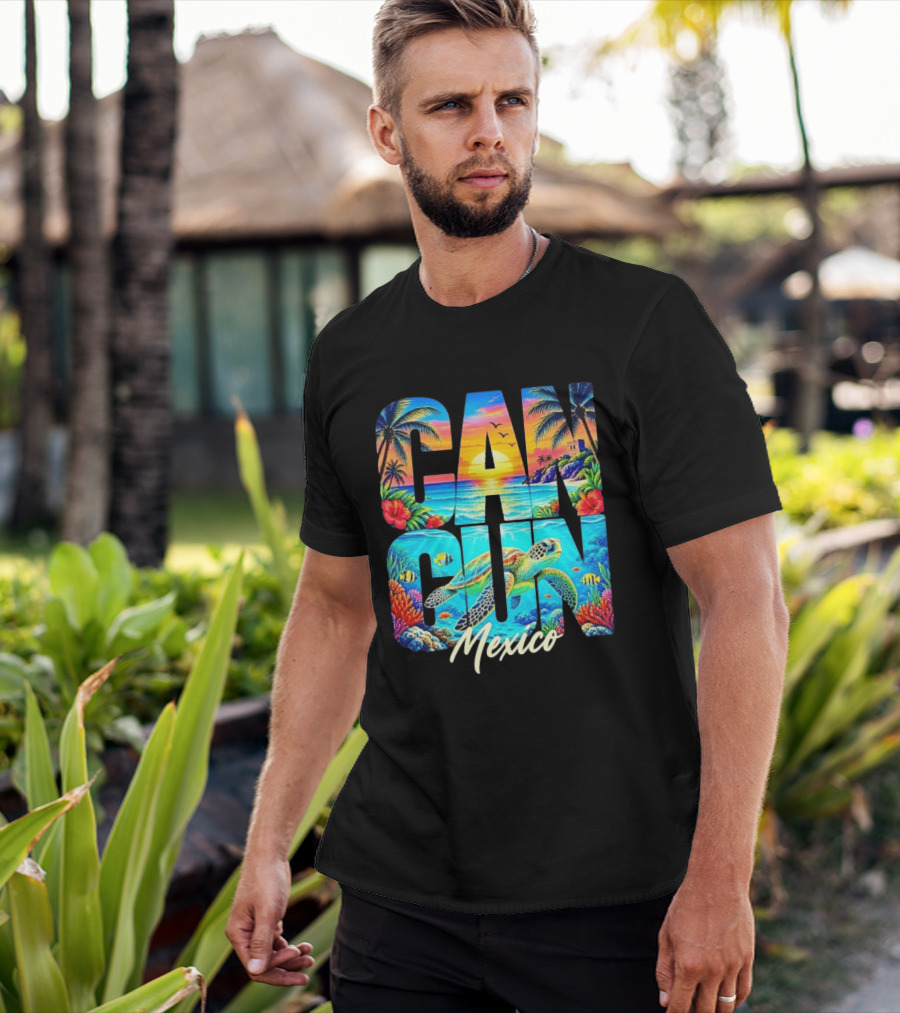 Cancun Mexico Tropical Sea Turtle Sunset Palm Trees Ocean Scene T-Shirt