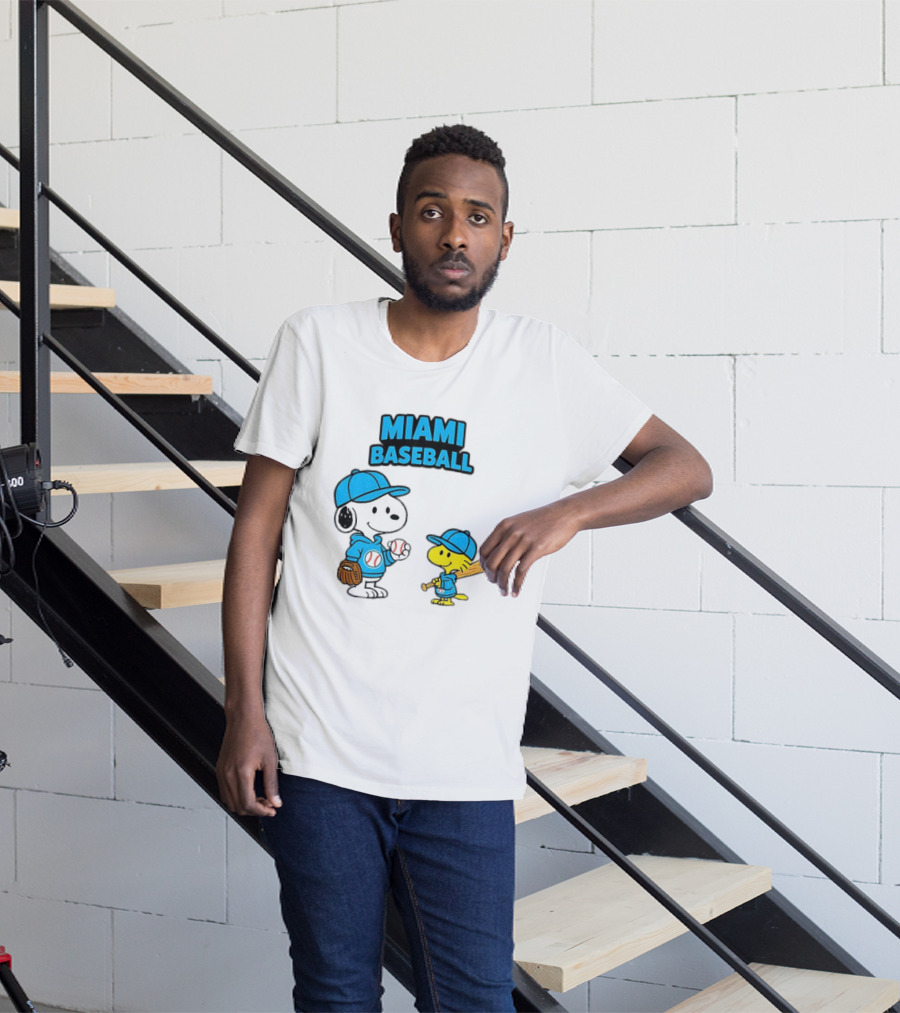 Snoopy Woodstock Miami Baseball Peanuts Cartoon MLB T-Shirt