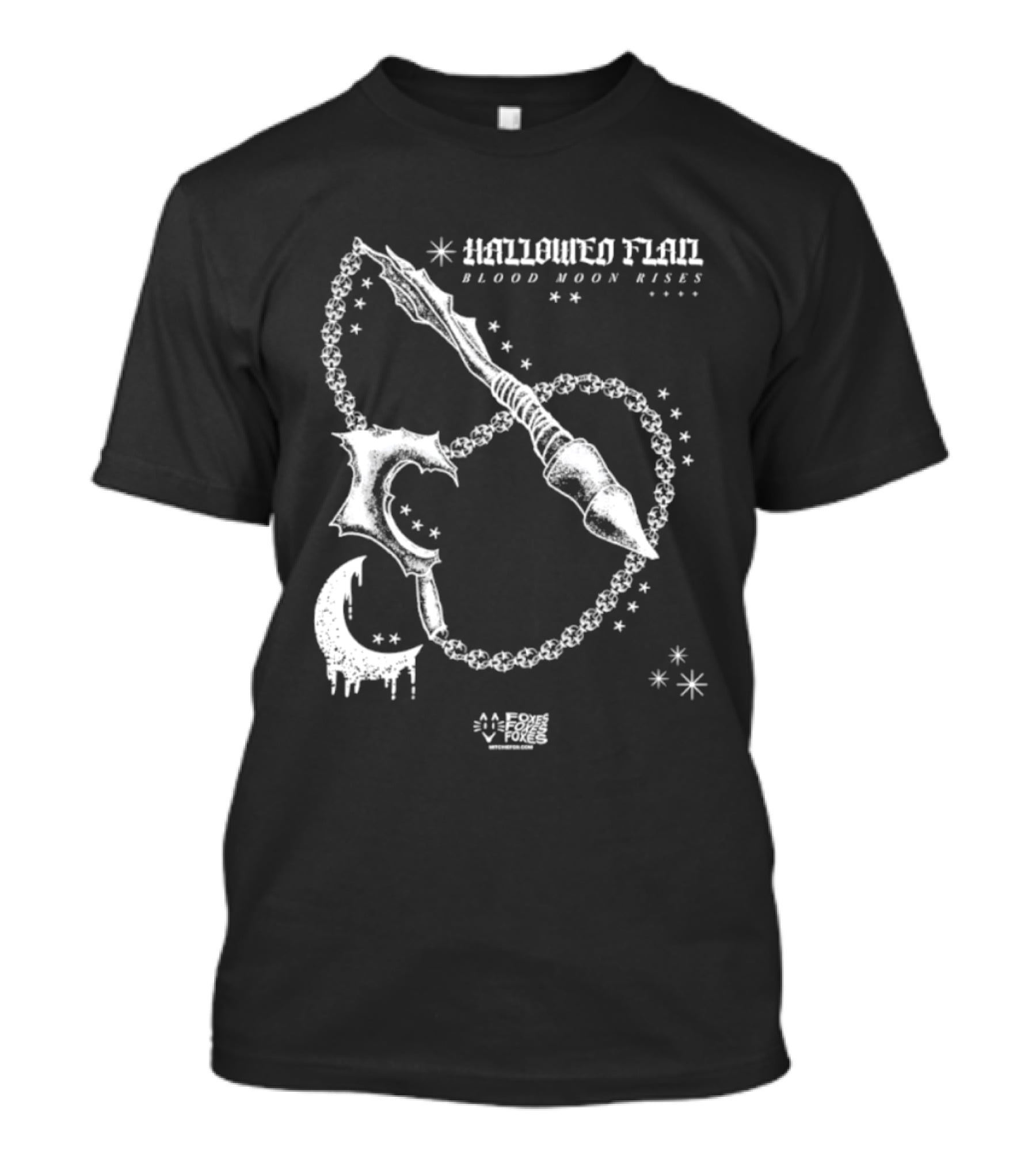 Hallowed Flan Blood Moon Rises Gothic Dark Fantasy Dripping Crescent Stars T-Shirt