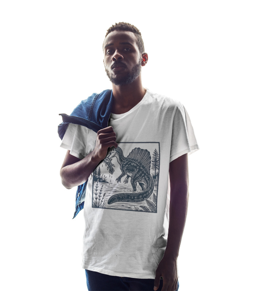 Spinosaurus Catching Fish With Forest T-Shirt